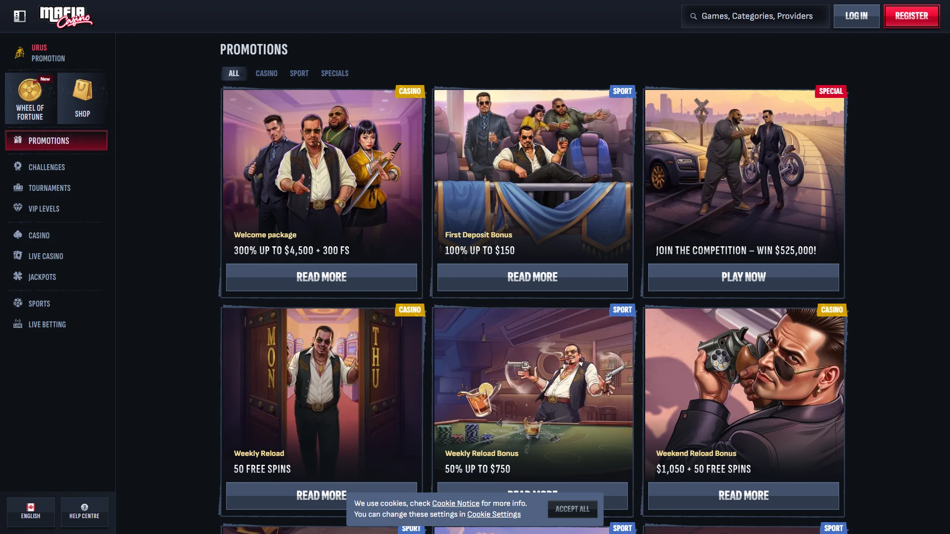 Mafia Casino promotions page